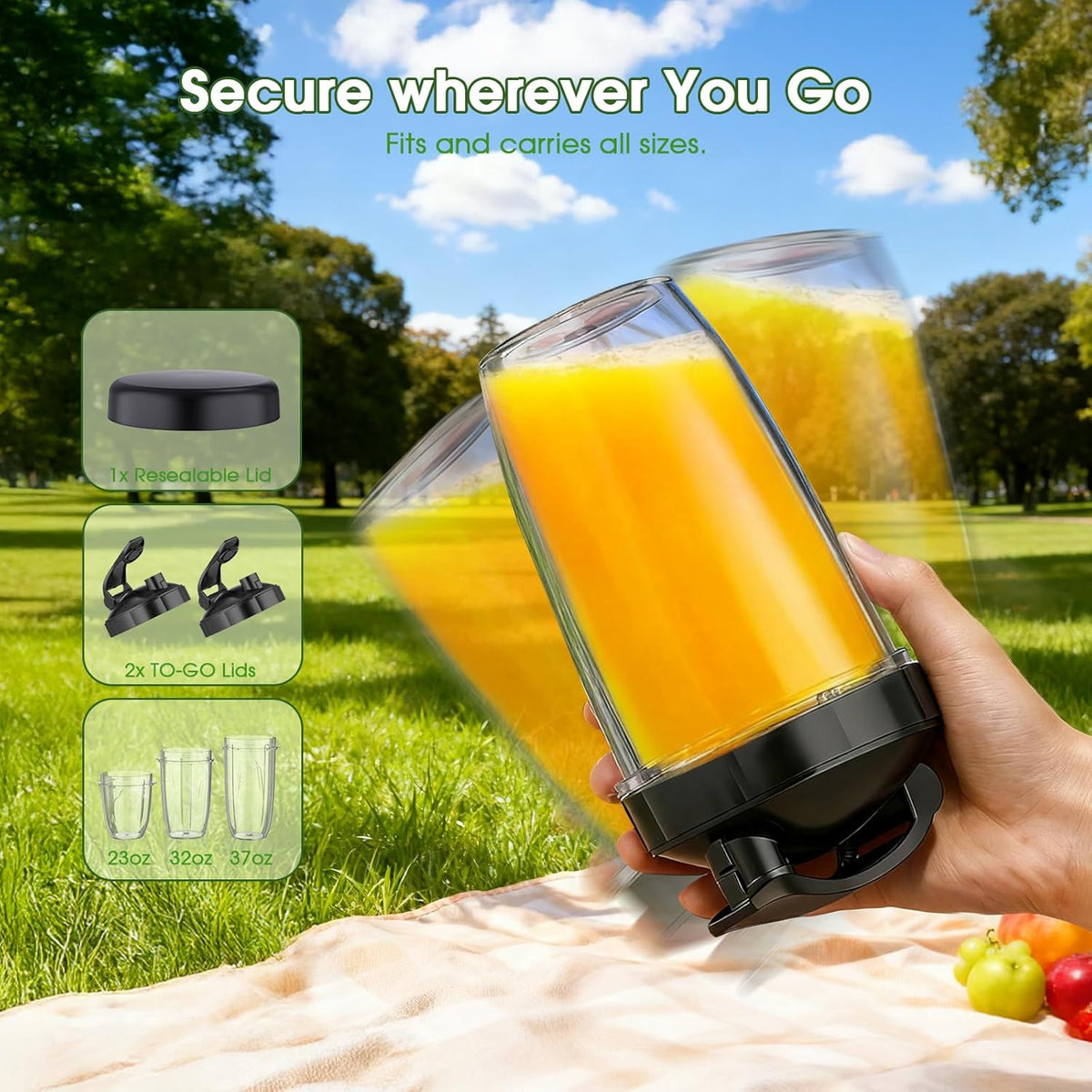 **Smoothie Blender | 25000 RPM Portable Blender for Smoothies with 37oz, 32oz, 23oz Cups & Lids**