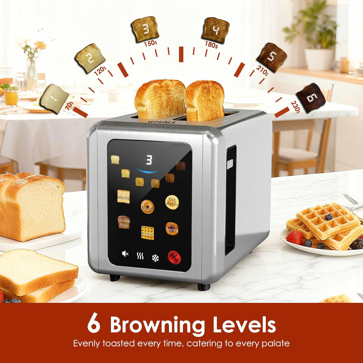 WHALL Touch Screen Toaster - 2 Slice Smart Toaster with Digital Timer & 6 Shade Settings | Silver