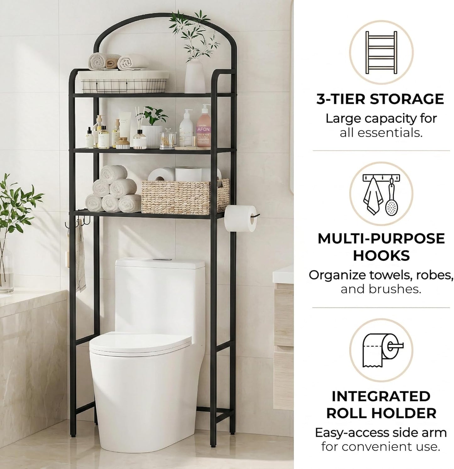 Skiennix Over The Toilet Storage Rack - 3-Tier Bathroom Organizer with Hooks & Paper Holder - Black Metal Shelf