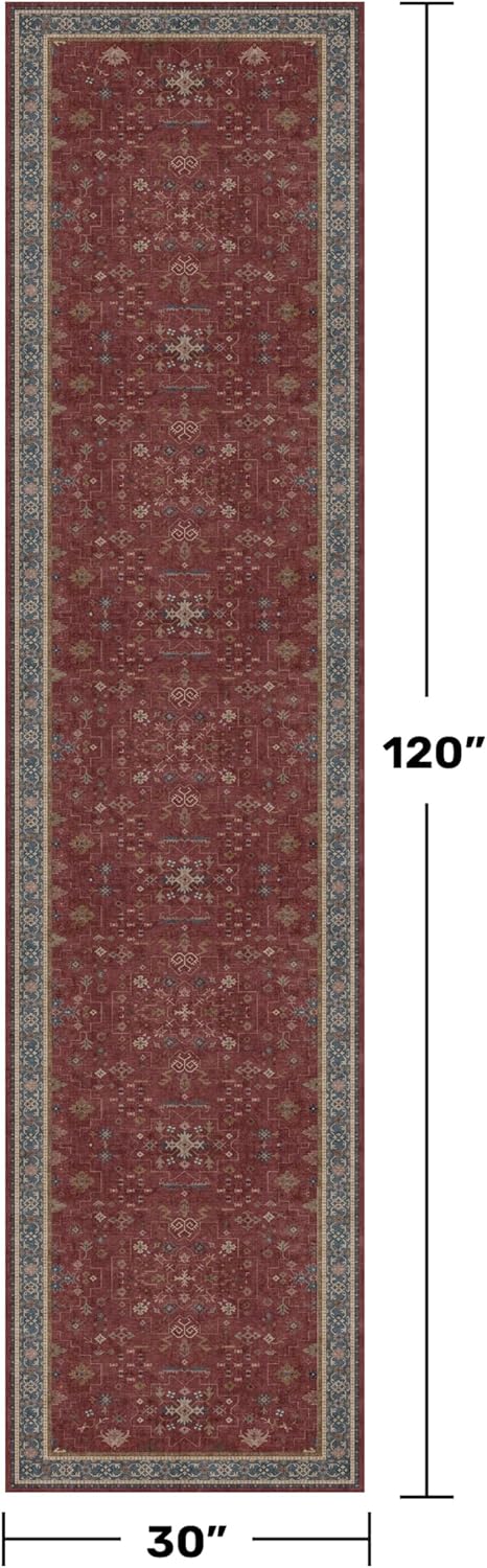 Regine Switzerland Dark Red Hallway Runner Rug - 10ft Washable Non-Slip Indoor Mat | Soft Boho Floral Design