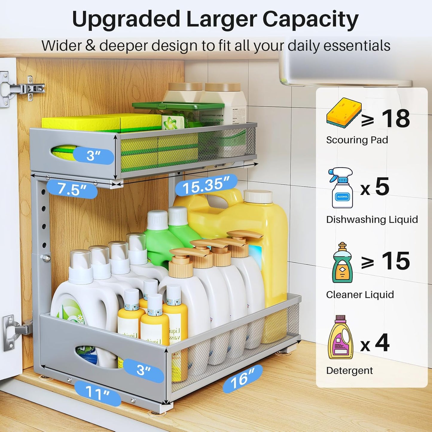 Under Sink Organizer | 2-Pack 2-Tier Pull-Out Cabinet Shelf with Metal Slides & Mesh Drawers - Grey