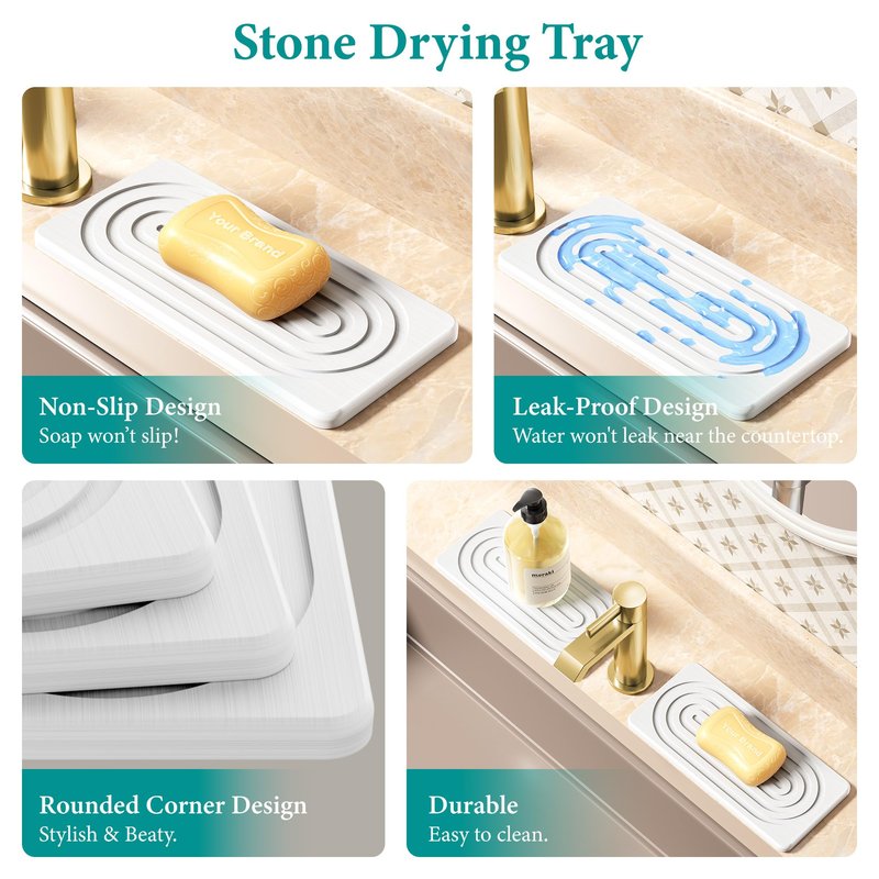 MAGKOTA Water Absorbing Stone Tray, Quick Drying Diatomite Bathroom Tray Countertop, Stone Drying Mat for Kitchen Counter, Soap Dish Dispenser Vanity Organizer, White-A-8.3" x 4"