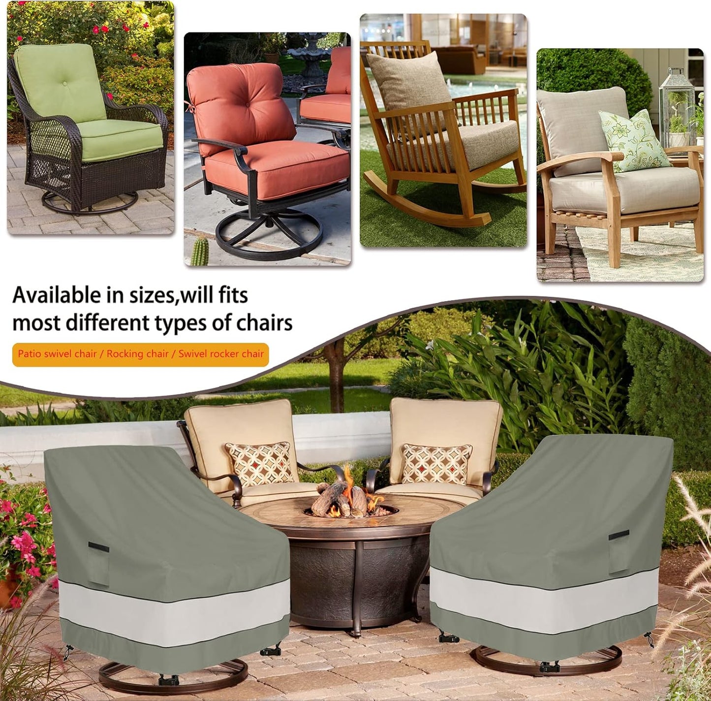 Patio Chair Covers - Waterproof Outdoor Furniture Protection | 33W x 37D x 38H Inches - Grayish Green (2 Pack)