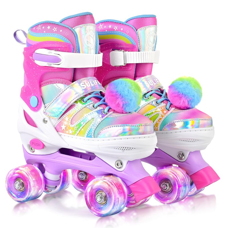 SULIFEEL Rainbow Tie-Dye Adjustable Roller Skates for Girls Kids Ages 3-5 5-8 6-12 Pink Purple Light Up Skate with Fluffy Pom Poms Triple Protection for Indoor Outdoor Skating