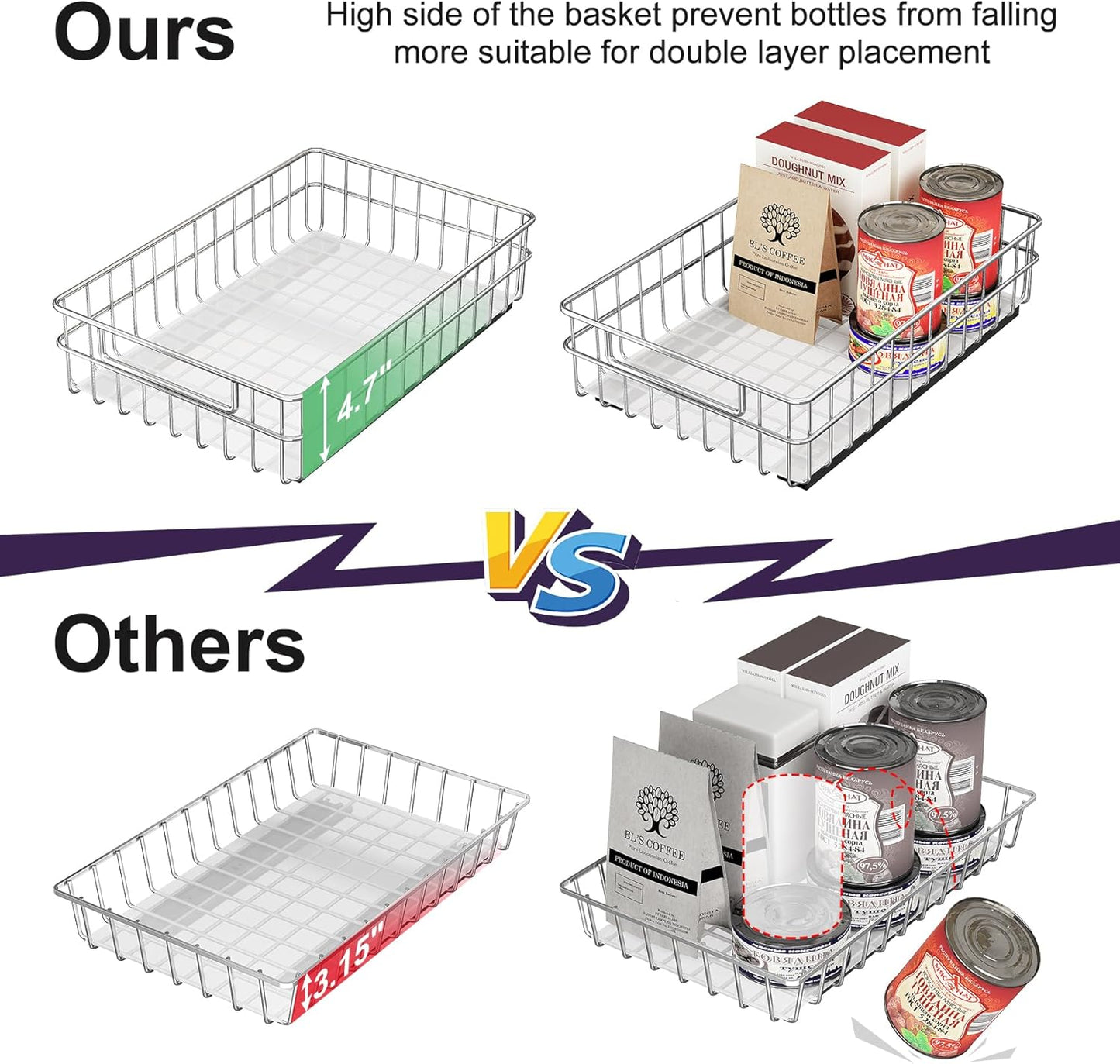 Pull Out Cabinet Organizer - Stainless Steel 2-Pack Slide-Out Drawers with Silent Full-Extension Slides | Versatile Spice Storage for Kitchen, Pantry, and Bathroom