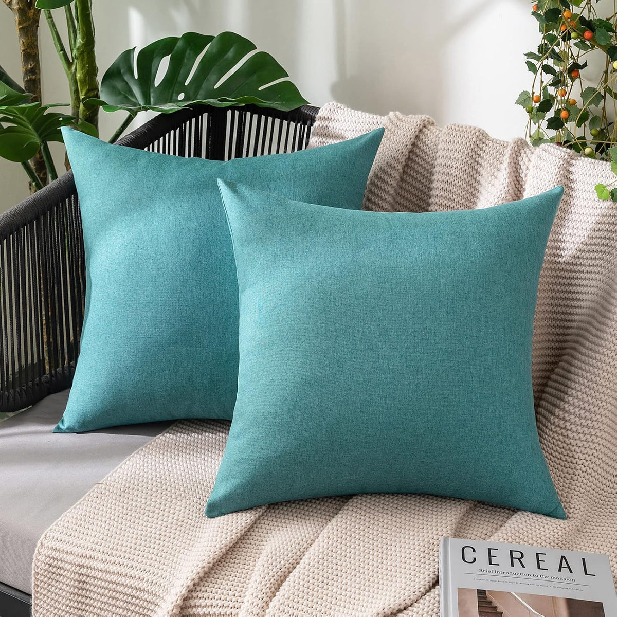 MIULEE Decorative Outdoor Throw Pillow Covers - Waterproof Faux Linen Cushion Cases | 16x16 Inch Turquoise, Set of 2