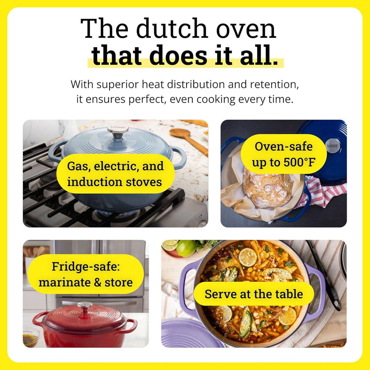 Lodge 3 Quart Enameled Cast Iron Dutch Oven - Dual Handles & Lid - Oven Safe to 500°F - Storm Blue