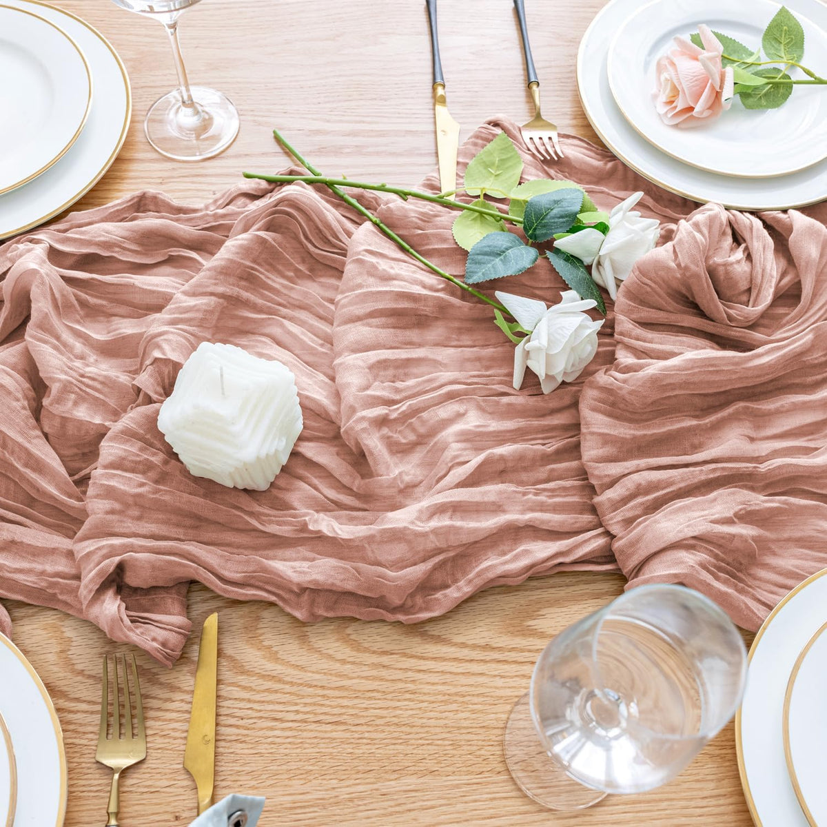 Wokceer Dusty Pink Cheesecloth Table Runner - 10FT Boho Style for Easter & Bridal Showers | Rustic 120-Inch Decor