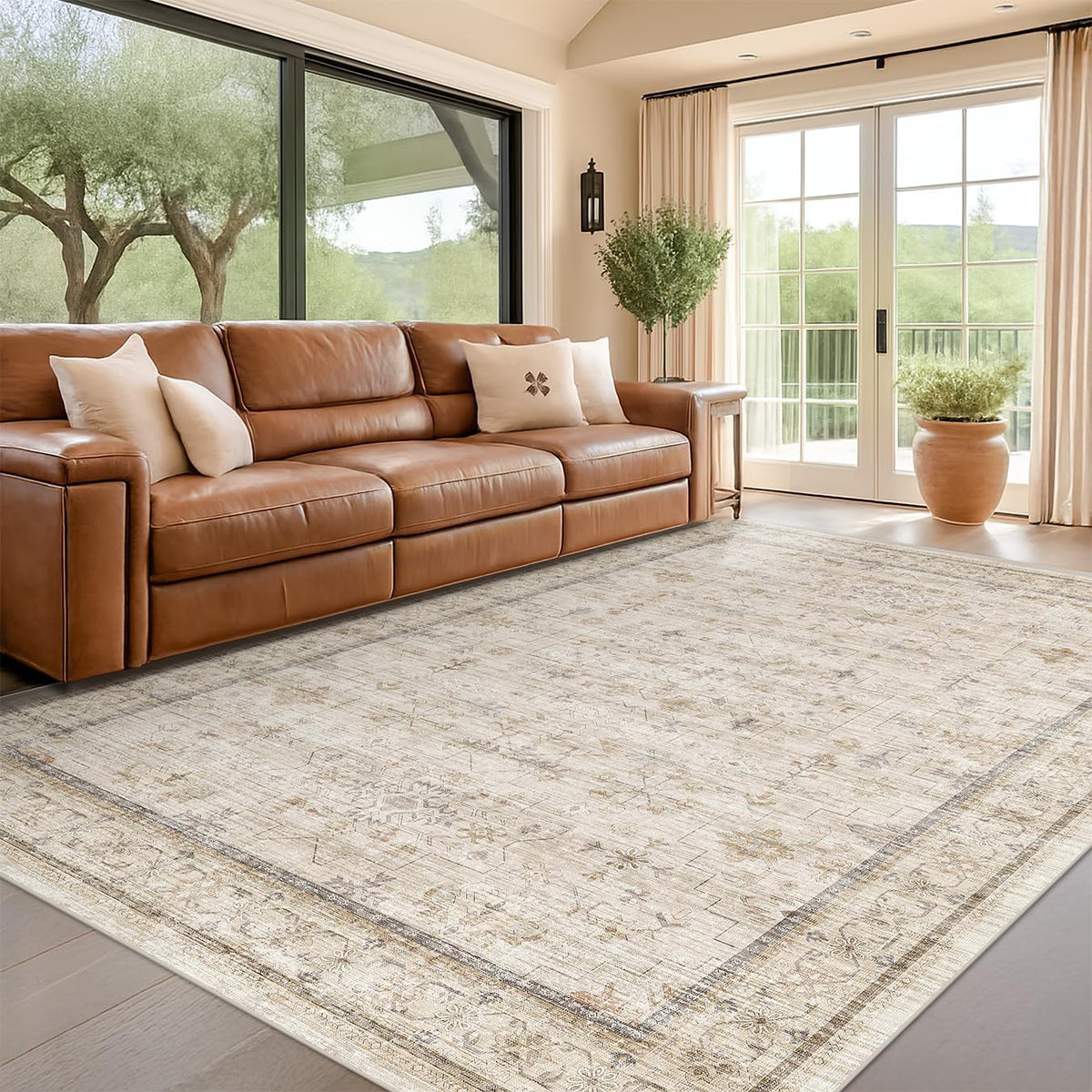 Regine Switzerland Farmhouse Area Rug - Soft Low Pile, Non-Slip Rubber Backing, 7x10, Light Beige Vintage Design