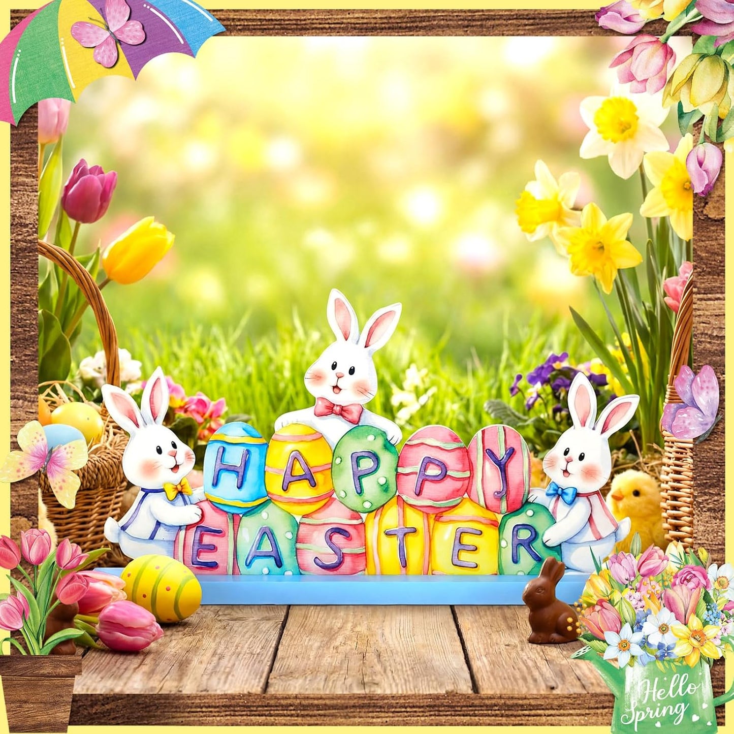 MiniInflat Easter Bunny Metal Sign - Spring Table Decor for Home & Office | Pastel Centerpiece with Wood Base