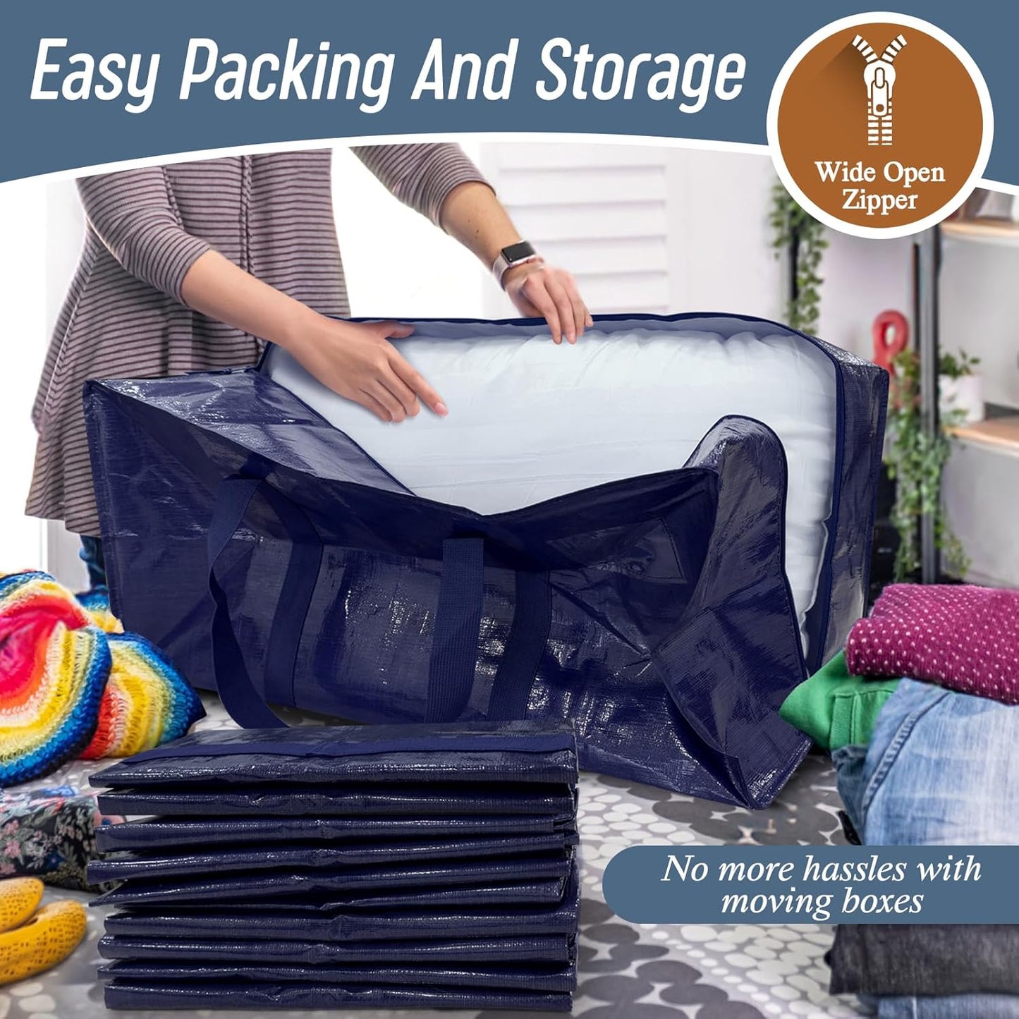 Skiennix Extra Heavy Duty Moving Bags - 12 Pack with Strong Zipper & Comfortable Handles | Dark Blue Storage Totes