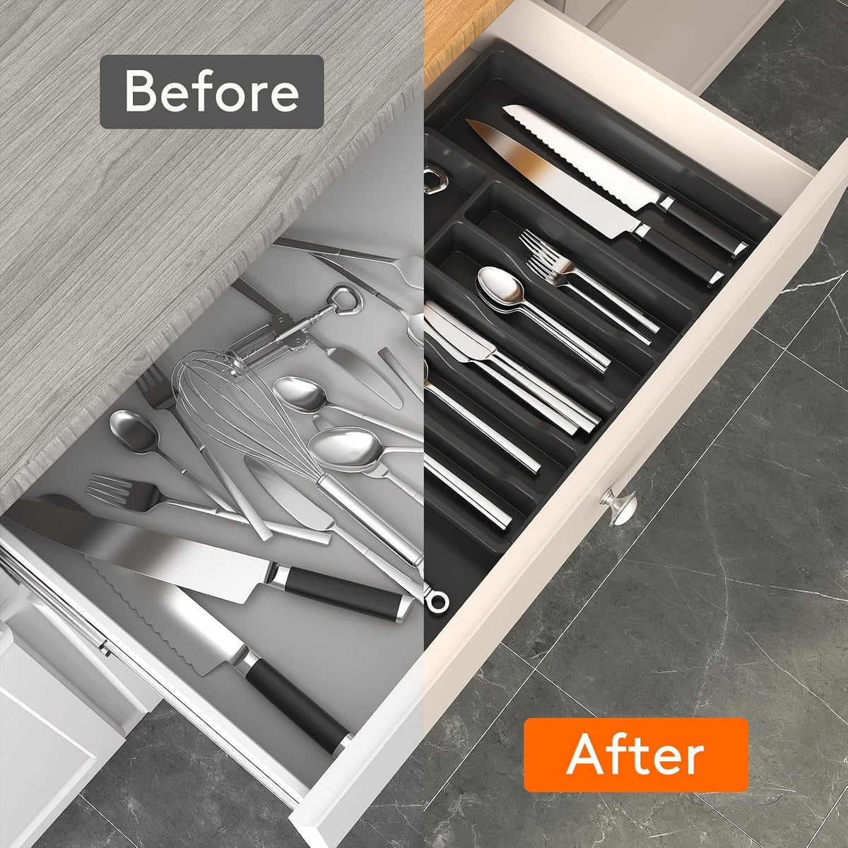 Lifewit Drawer Organizer Set - Expandable Plastic Storage for Silverware & Cooking Utensils | BPA-Free, Black