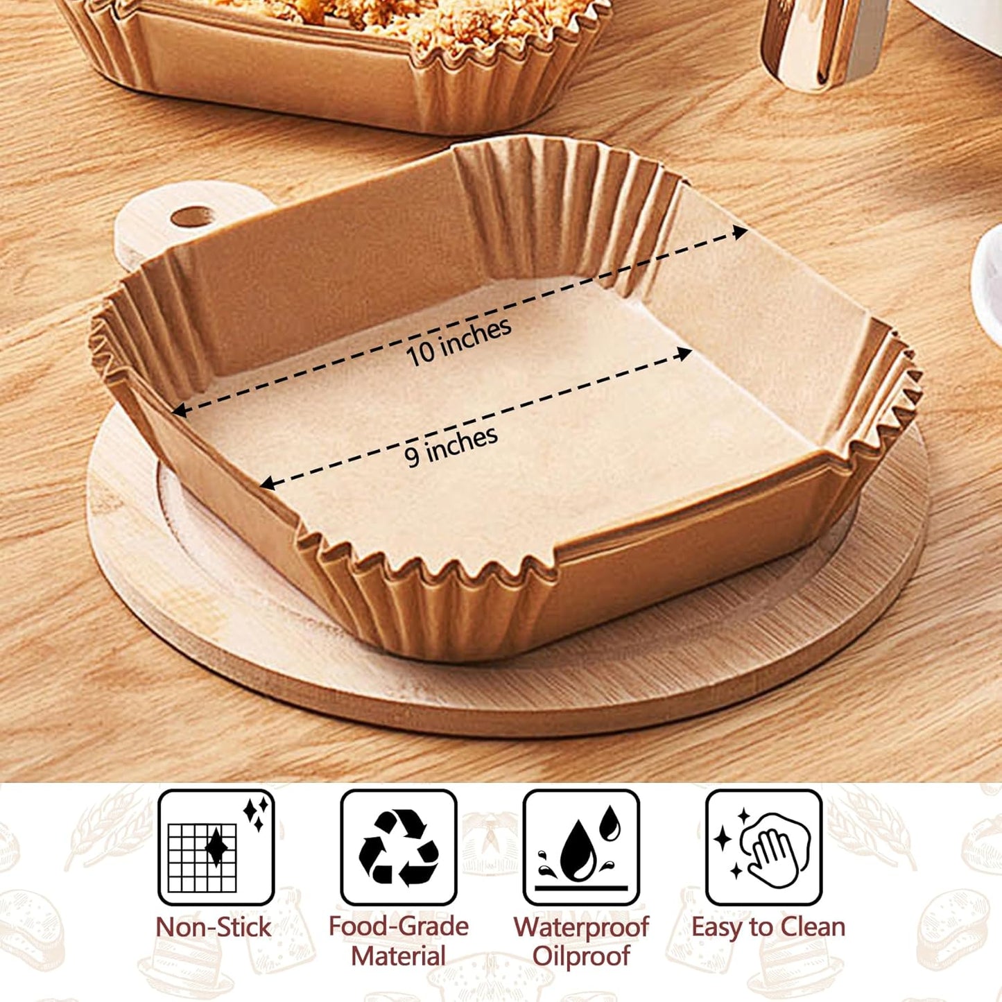 Skiennix 10-Inch Air Fryer Liners - 100 Pack Non-Stick Parchment Paper Sheets for Healthy Cooking | Fits 5-8 QT Air Fryers