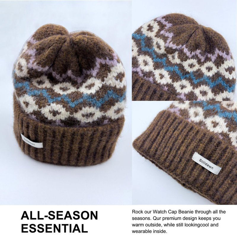 Stilldawn Winter Jacquard Beanie Hats for Women & Men, Elegant Textured Knit Slouchy Beanie, Unisex Casual Soft Knit Slouchy Beanie, Warm Wool Blend Knit Hats– Lightweight & Stretchy(Coffee)