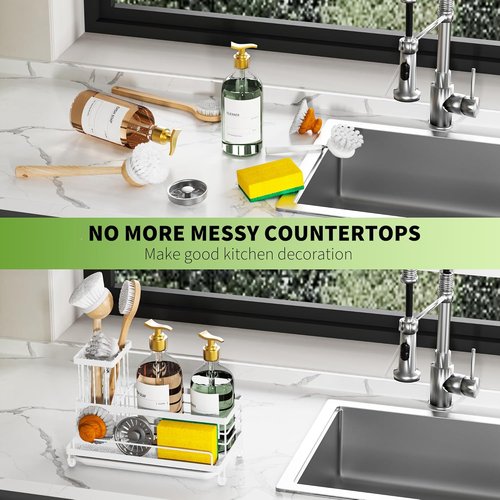 Cisily Stainless Steel Kitchen Sink Caddy - Rustproof Organizer with Non-Slip Soap Dish & Sponge Holder | White