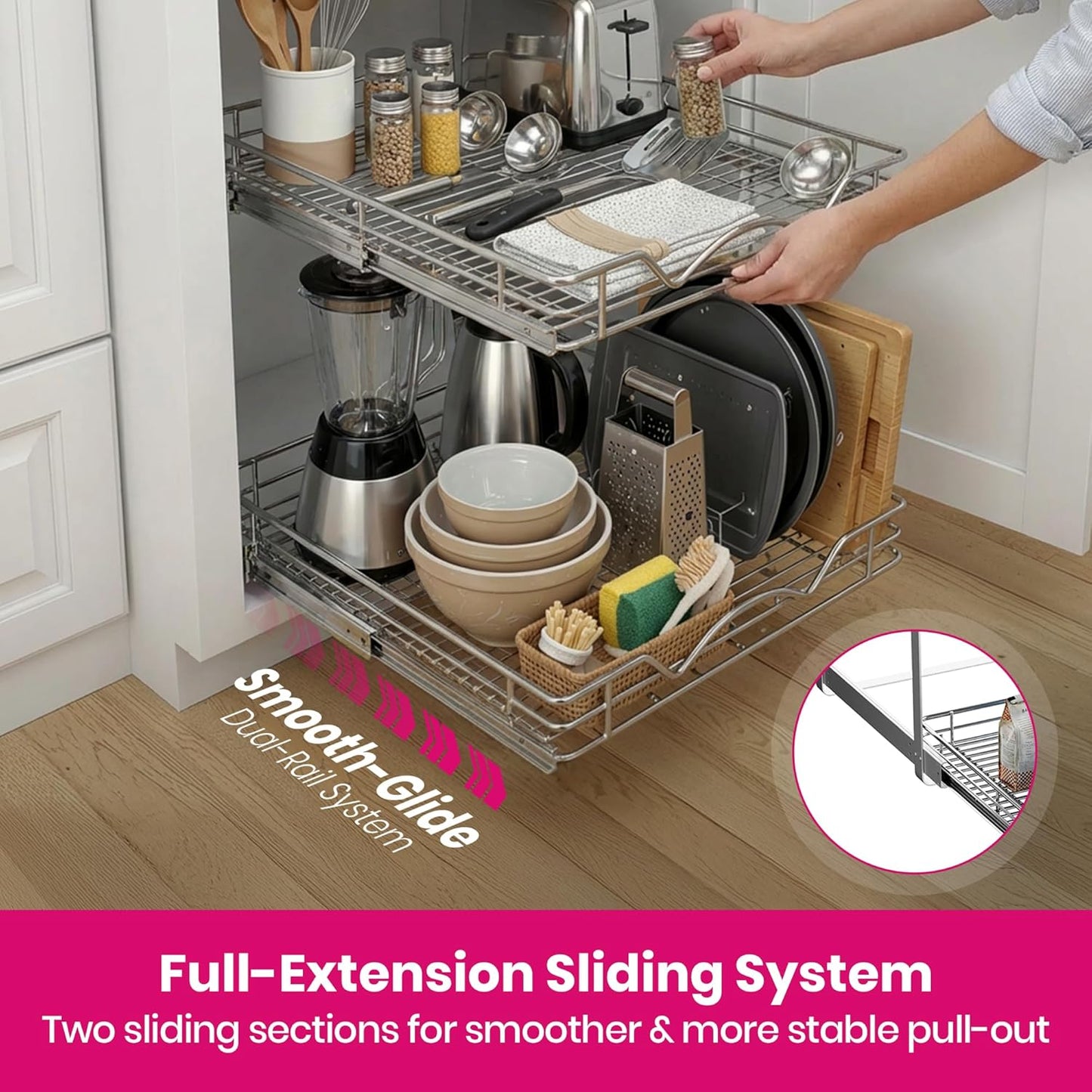 2-Tier Cabinet Organizer by [Brand Name] - Heavy-Duty Steel Frame with Full-Extension Shelves | Easy Install for Kitchen & Pantry, 14" W x 21" D x 16.5" H