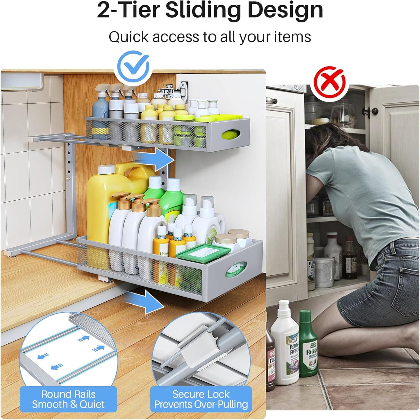 Under Sink Organizer | 2-Pack 2-Tier Pull-Out Cabinet Shelf with Metal Slides & Mesh Drawers - Grey