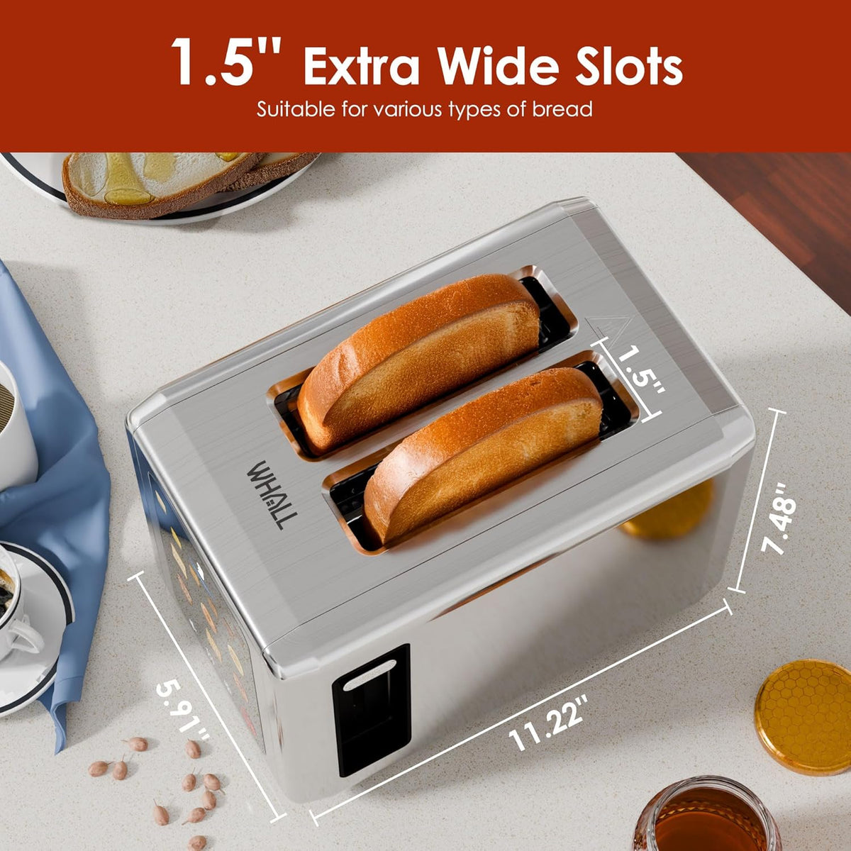 WHALL Touch Screen Toaster - 2 Slice Smart Toaster with Digital Timer & 6 Shade Settings | Silver
