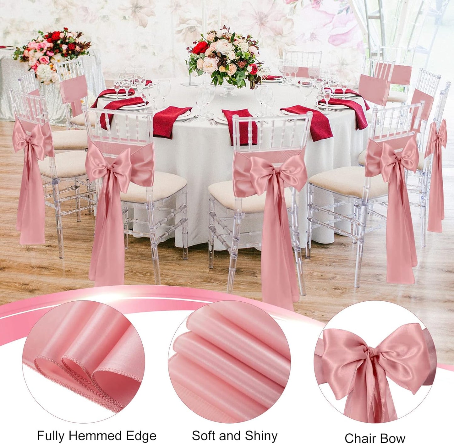 XunYee Satin Chair Sashes - 80 Pack Elegant Bow Ties for Weddings & Events | Rose Gold