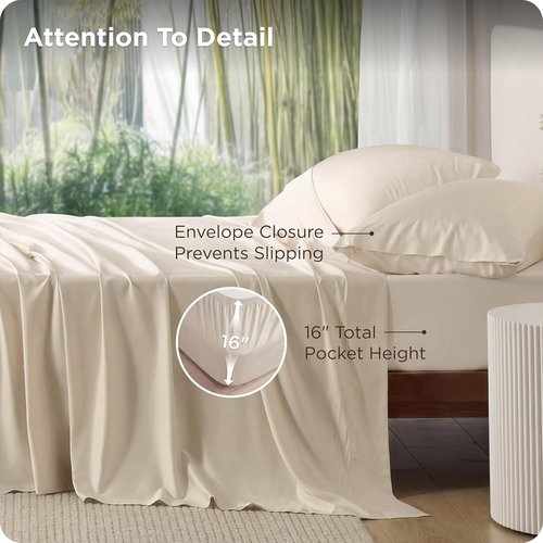 Bedsure Cooling Bed Sheets - Breathable Rayon from Bamboo | Full Size, Deep Pocket Up to 16 Inches, Light Beige