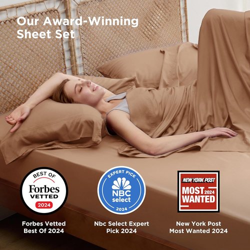 Bedsure Cooling California King Sheet Set - Breathable Rayon from Bamboo, Soft & Silky, Khaki