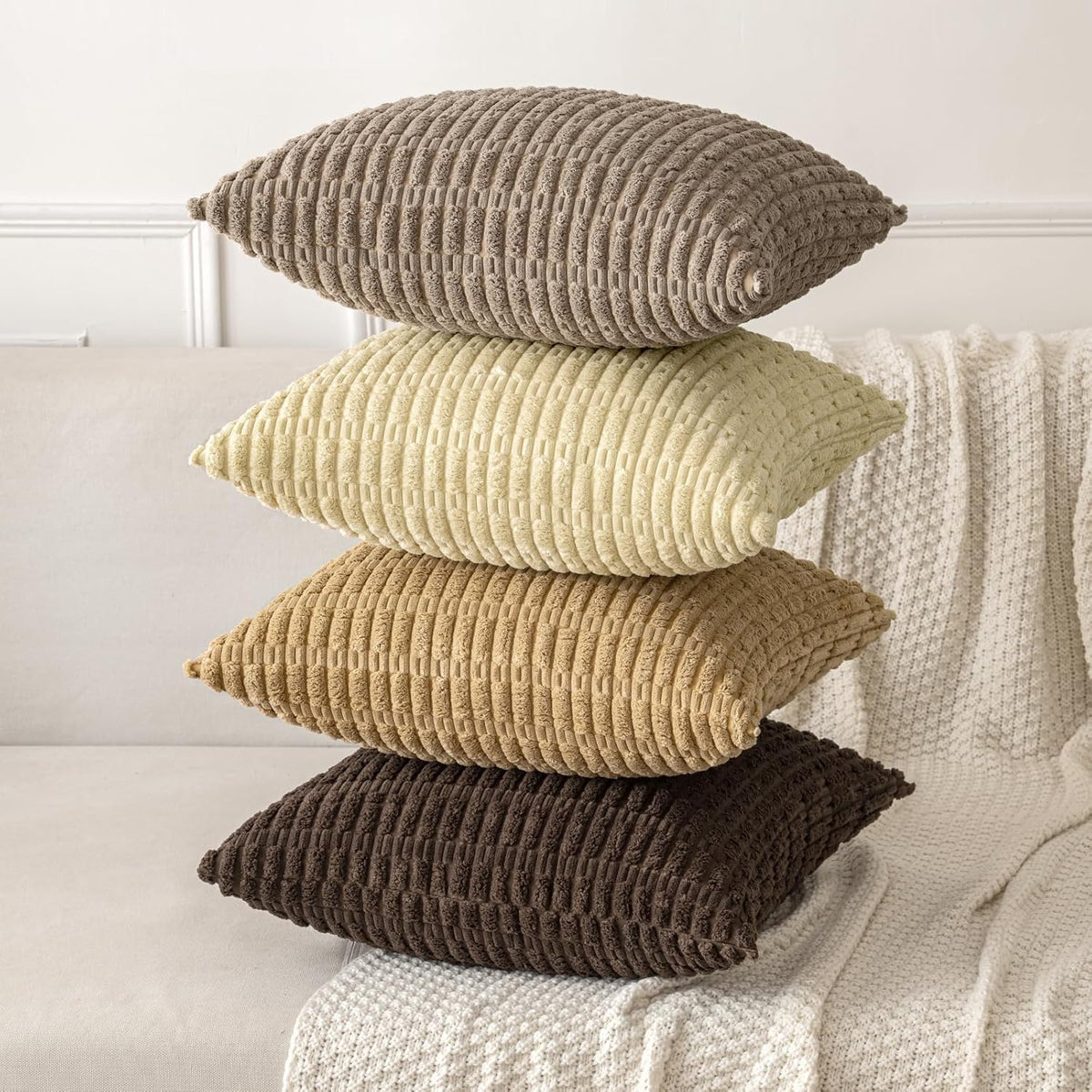 MIULEE Euro Sham Pillow Covers - Soft Corduroy Boho Striped Design | 24x24 Inch Beige for Modern Home Decor