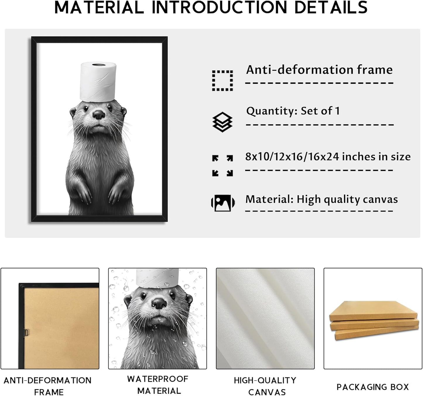 Skiennix Funny Bathroom Wall Art - Cute Otter Holding Toilet Paper | Black & White Canvas Print 8x10 Inch