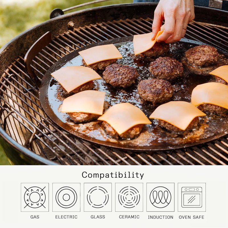Made In Cookware | Seasoned 17" Round Carbon Steel Griddle + Grill Press - (Like Cast Iron, but Better) | Professional Cookware | Crafted in Sweden | Induction Compatible