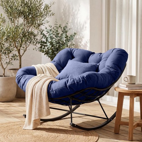 JEAREY Oversized Papasan Rocking Chair - Comfy Egg Chair for Patio, Bedroom, Garden | Navy Blue