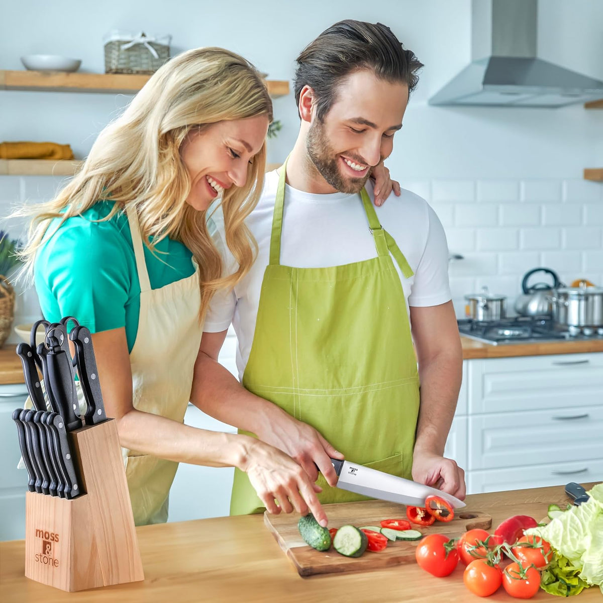 Moss & Stone 14-Piece Knife Block Set - Premium Forged Stainless Steel Kitchen Knives with Ergonomic Handles & Rust Resistance | Modern Black Design
