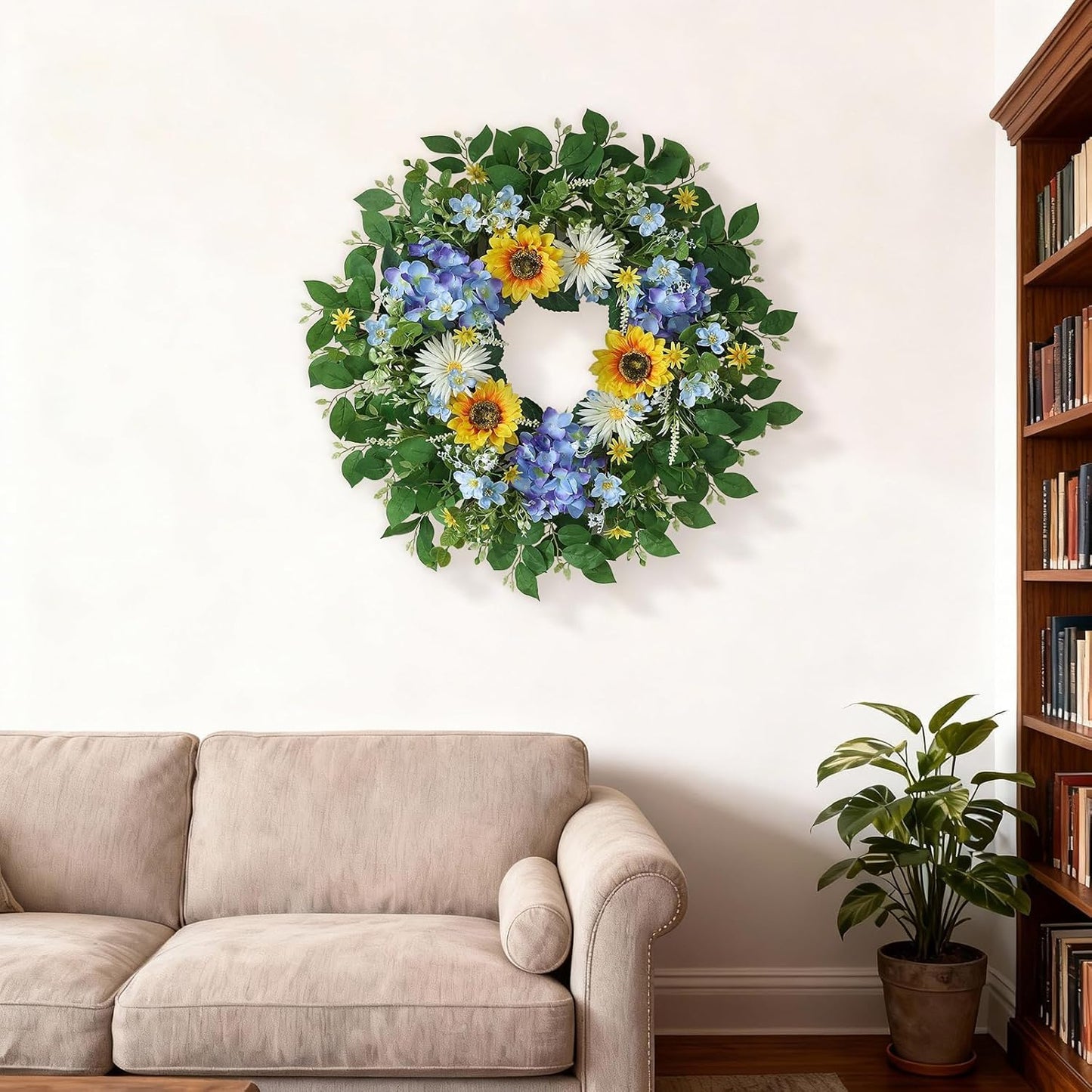 Large 26" Artificial Flower Wreath by [Brand Name] - Lifelike Sunflowers & Blue Hydrangeas for Spring/Summer Home Decor
