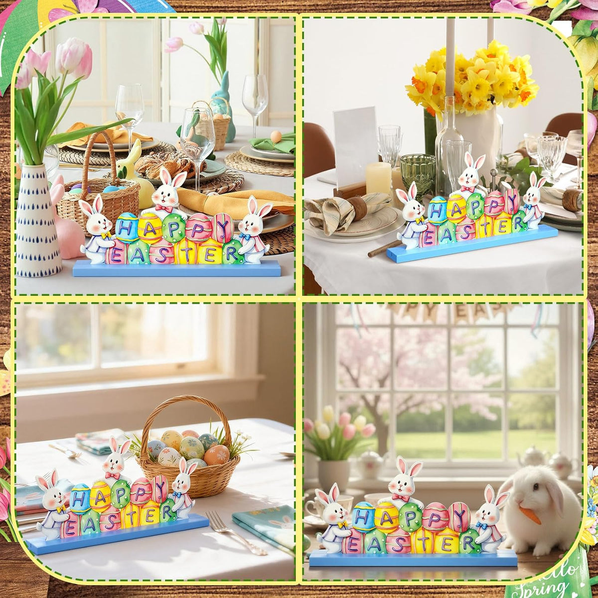 MiniInflat Easter Bunny Metal Sign - Spring Table Decor for Home & Office | Pastel Centerpiece with Wood Base