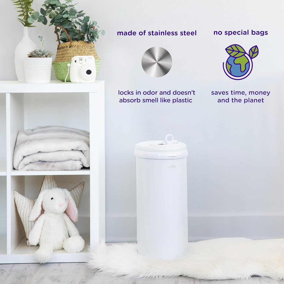 Ubbi Stainless Steel Diaper Pail - Odor Locking Design, No Special Bags Needed | Award-Winning Essential