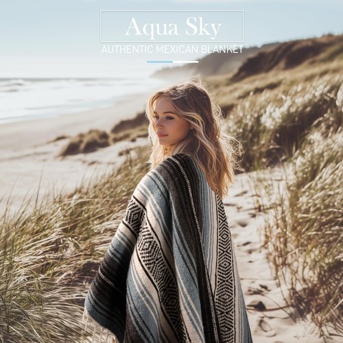 Hydration Nation Authentic Large Handwoven Mexican Blanket - Soft Yoga- Durable Serape- Lightweight Falsa, Beach, Camping, Picnic, Outdoor Blanket 70"x50" - Aqua Sky
