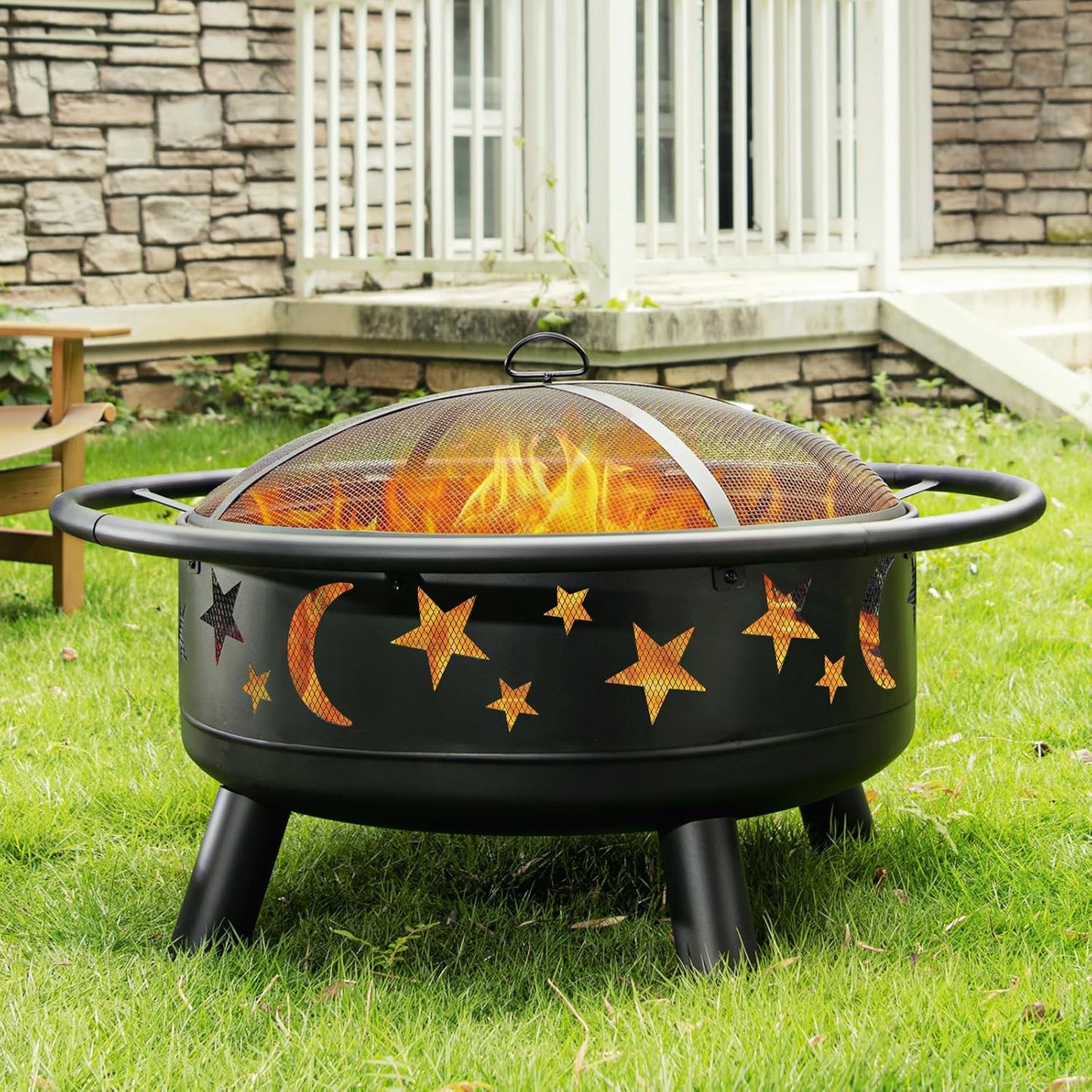 Skiennix 32-Inch Round Fire Pit - Metal Wood Burning Design with Mesh Cover & Poker | Outdoor Patio & Garden Decor