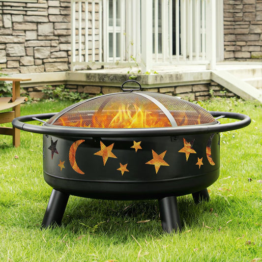 Skiennix 32-Inch Round Fire Pit - Metal Wood Burning Design with Mesh Cover & Poker | Outdoor Patio & Garden Decor