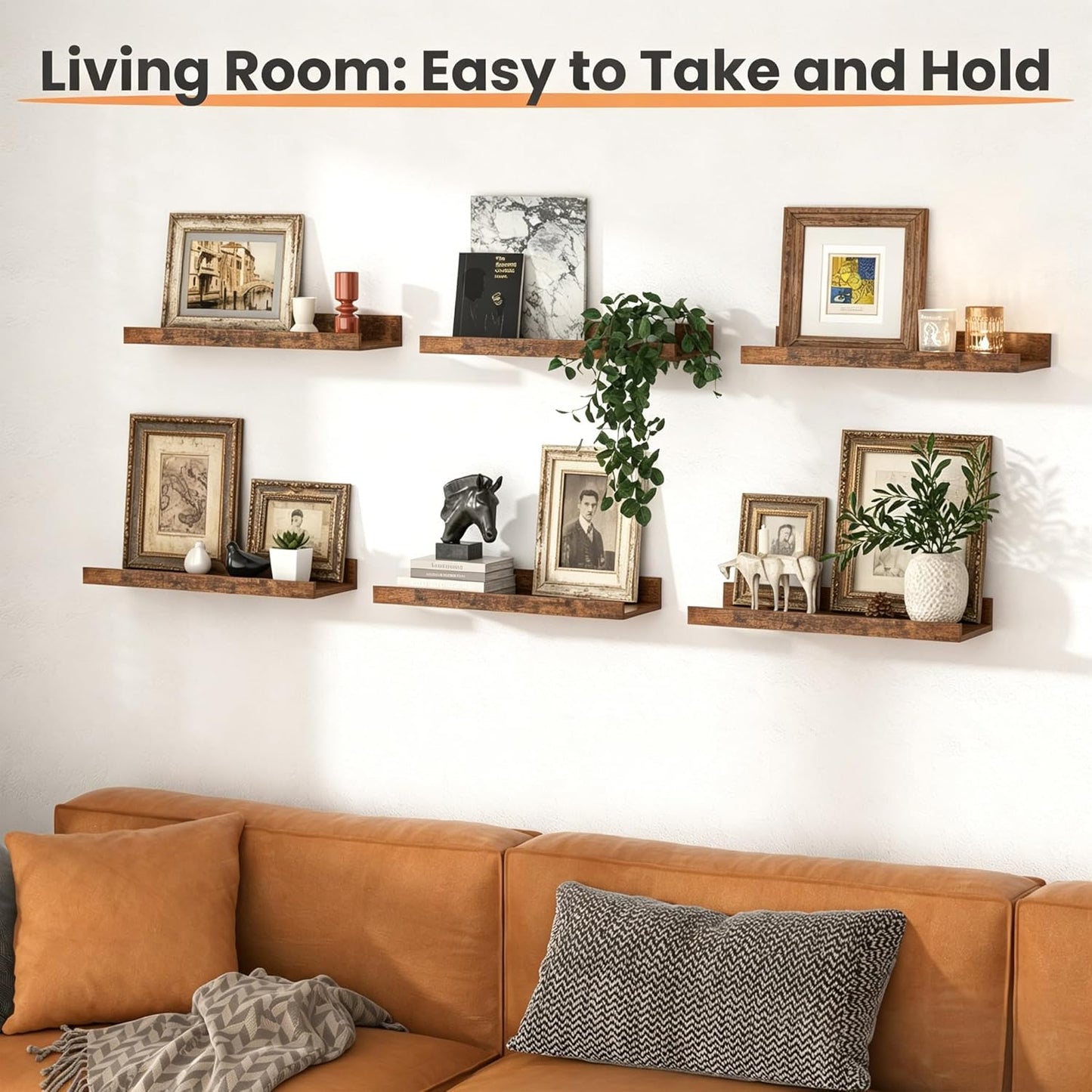 Upsimples Floating Wall Shelves - Set of 6 Decorative Wood Shelves for Bedroom, Living Room, Kitchen | Brown