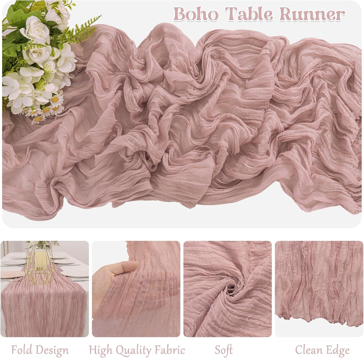 Skiennix Dusty Pink Cheesecloth Table Runner - 10FT Boho Vintage Sheer Runners for Weddings & Events