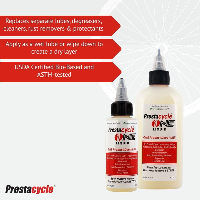 Prestacycle One Liquid - 4 Oz – All-in-One Bio-Based Bicycle Lube, Degreaser, Cleaner, Rust Remover & Protectant, Wet & Dry Chain Lubricant, USDA Certified, No Petroleum or Alcohol