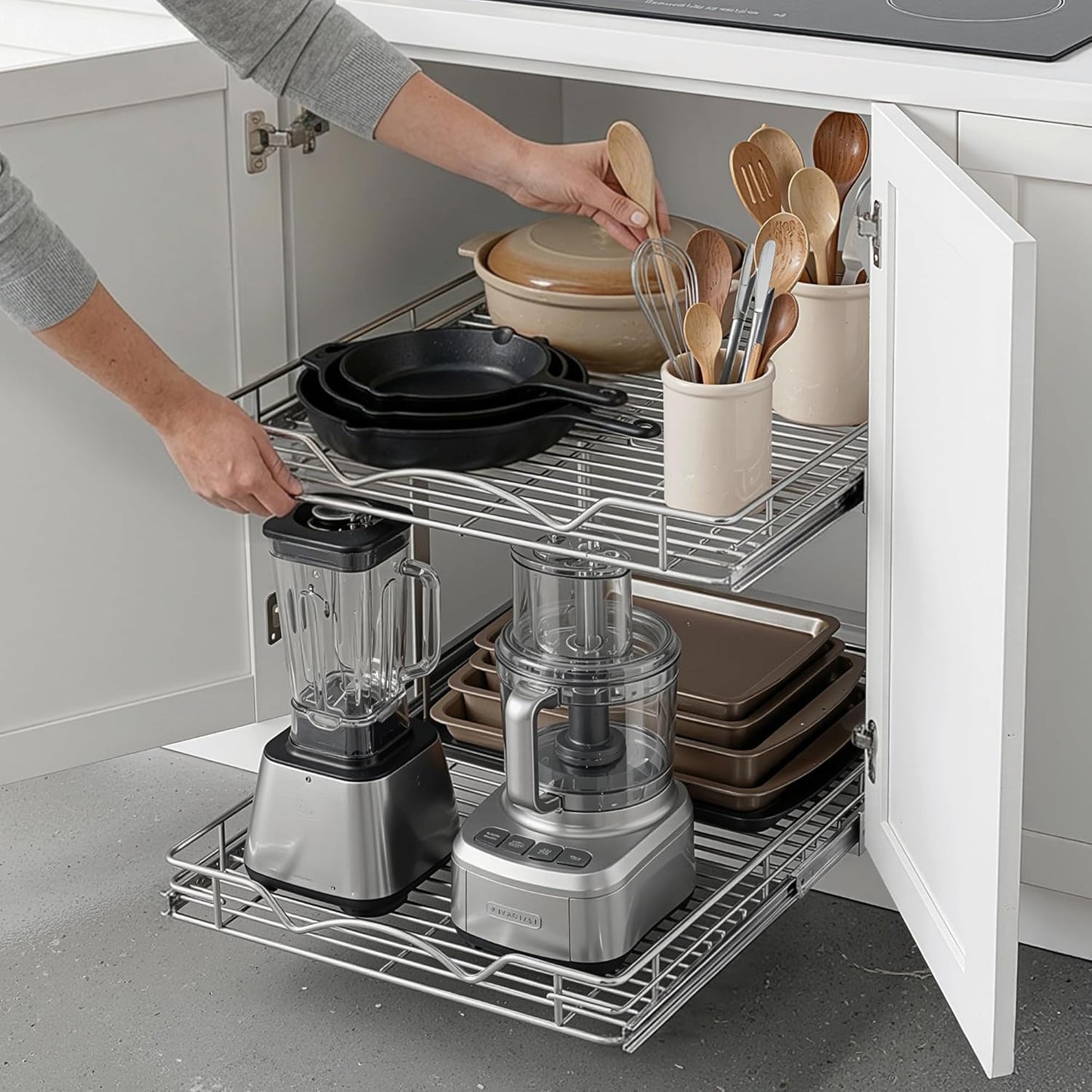 2-Tier Cabinet Organizer by [Brand Name] - Heavy-Duty Steel Frame with Full-Extension Shelves | Easy Install for Kitchen & Pantry, 14" W x 21" D x 16.5" H