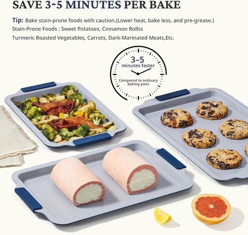 BRONYPRO Non-Stick Ceramic Baking Sheet Set - PFOA & PTFE Free Heavy-Duty Oven Trays | Navy, Set of 3