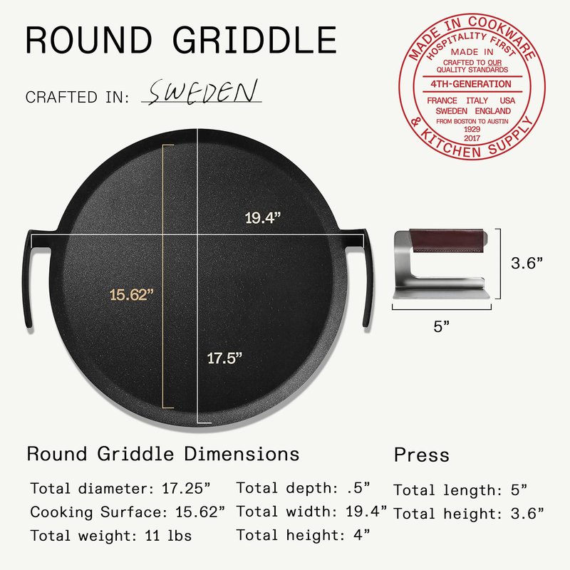 Made In Cookware | Seasoned 17" Round Carbon Steel Griddle + Grill Press - (Like Cast Iron, but Better) | Professional Cookware | Crafted in Sweden | Induction Compatible