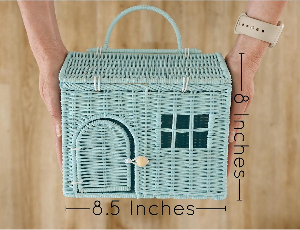 Rool Rattan Dollhouse Basket - Boho Wicker Gift for Girls | Small Purse Clutch & Doll Carrier (Blue)
