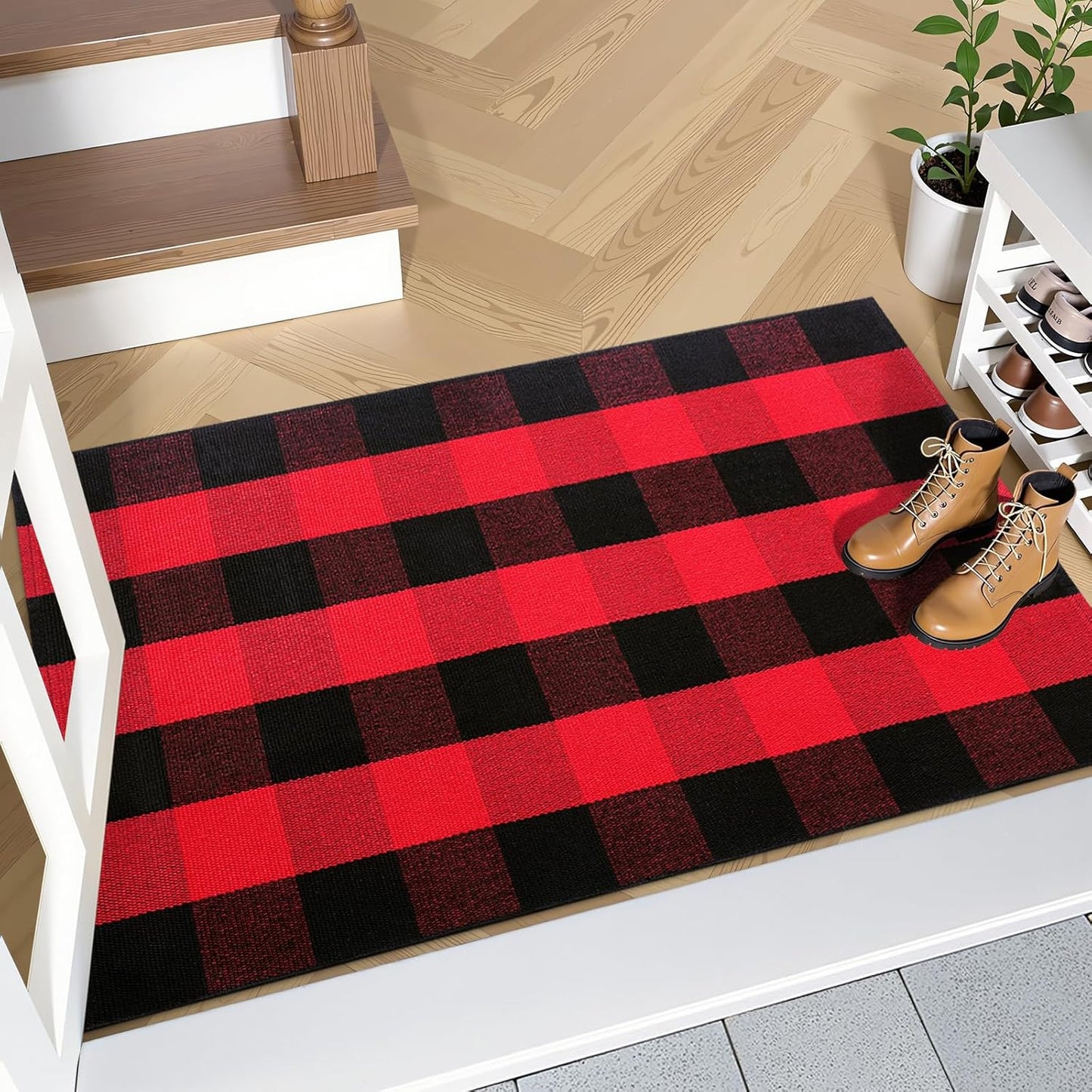 OLANLY Buffalo Plaid Rug - Washable Red and Black Cotton Checkered Doormat | 2'4" x 3'7" for Indoor/Outdoor Use