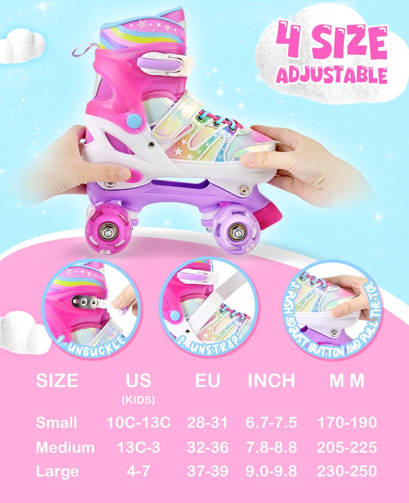 SULIFEEL Rainbow Tie-Dye Adjustable Roller Skates for Girls Kids Ages 3-5 5-8 6-12 Pink Purple Light Up Skate with Fluffy Pom Poms Triple Protection for Indoor Outdoor Skating
