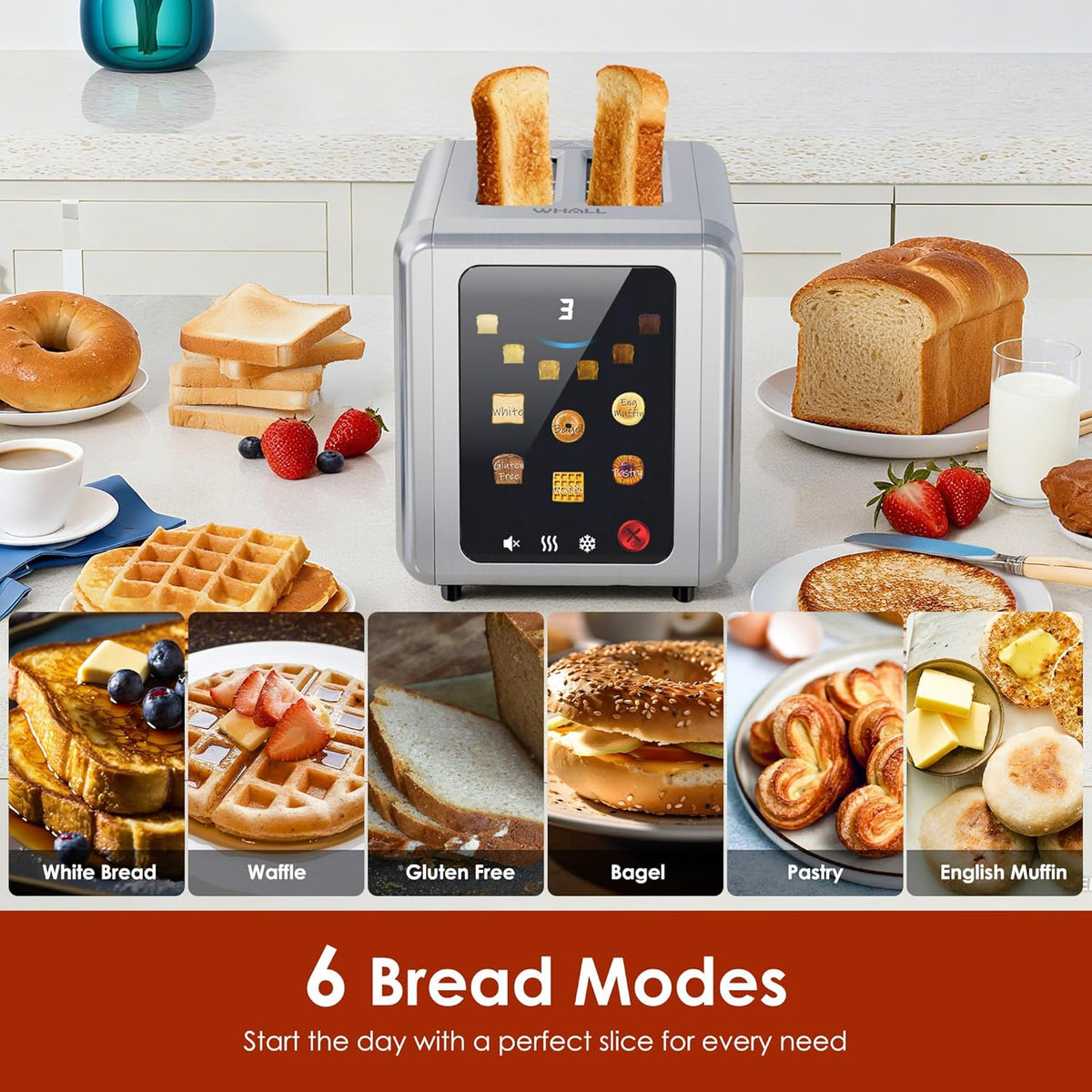 WHALL Touch Screen Toaster - 2 Slice Smart Toaster with Digital Timer & 6 Shade Settings | Silver