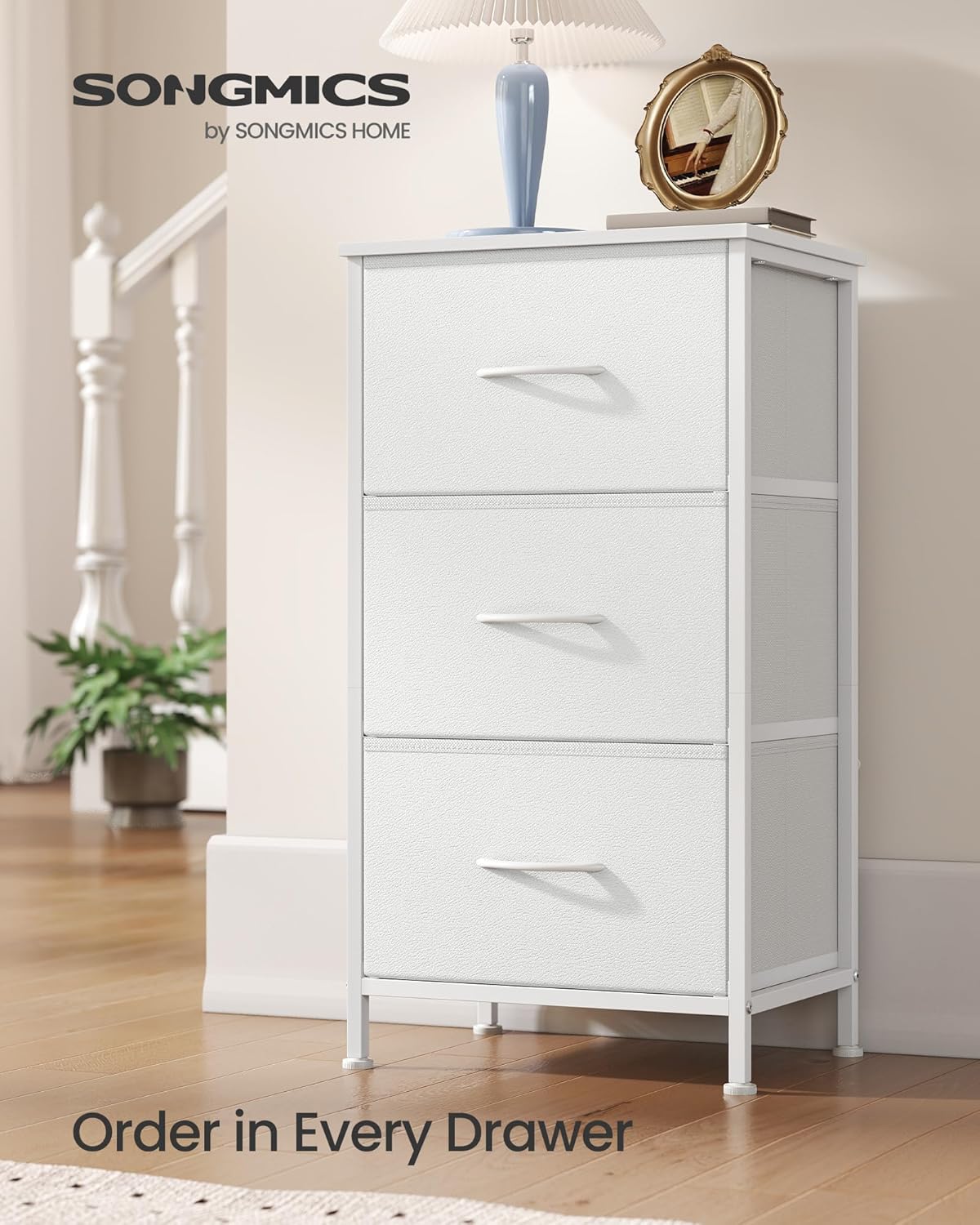 SONGMICS Dresser - Stylish Chest of Drawers with 3 Fabric Storage Bins | Cloud White & Snow White