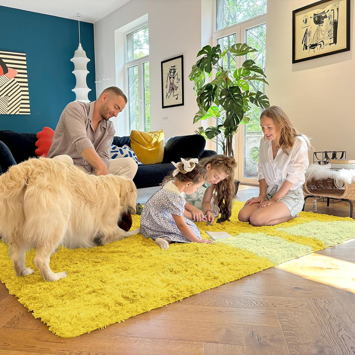 OLANLY Large Area Rug - Soft Fluffy Shaggy Carpet for Living Room & Bedroom | 9x12 Yellow Design