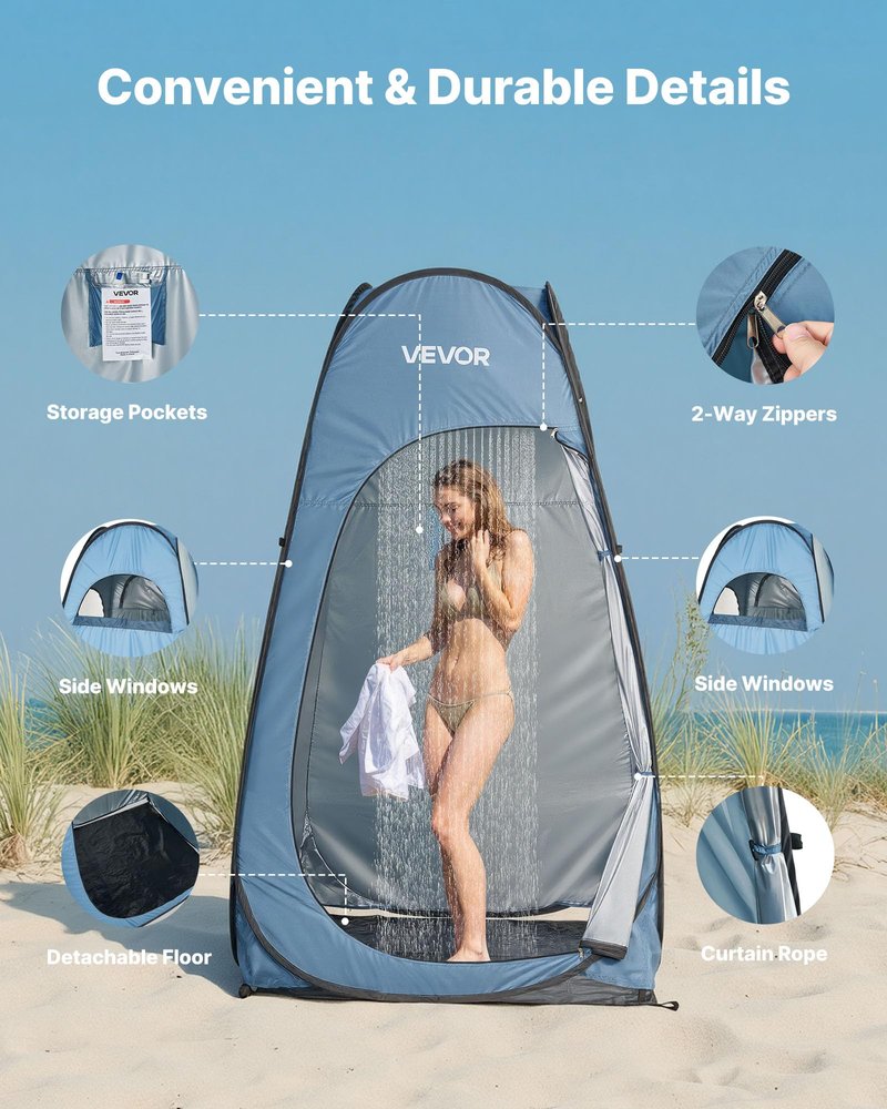 VEVOR Pop up Privacy Tent, Instant Portable Privacy Tent Changing Room with Ground Stakes, Ropes, and Carry Bag, 190T Polyester with Silver Coating, Quick Setup, for Camping, Beach, Fishing, Blue