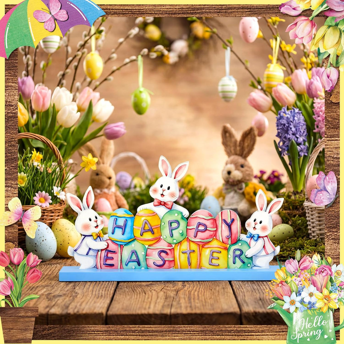 MiniInflat Easter Bunny Metal Sign - Spring Table Decor for Home & Office | Pastel Centerpiece with Wood Base
